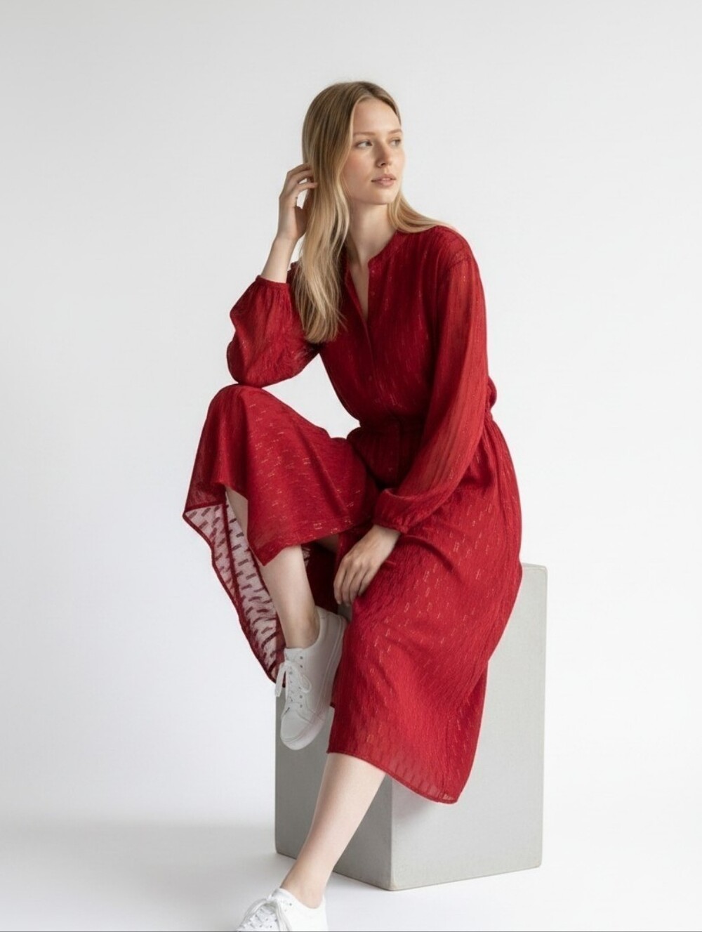 Anthropologie Long-Sleeve Dress Red W/Gold Threading Lined Flowy Gauzy Sz XS EUC